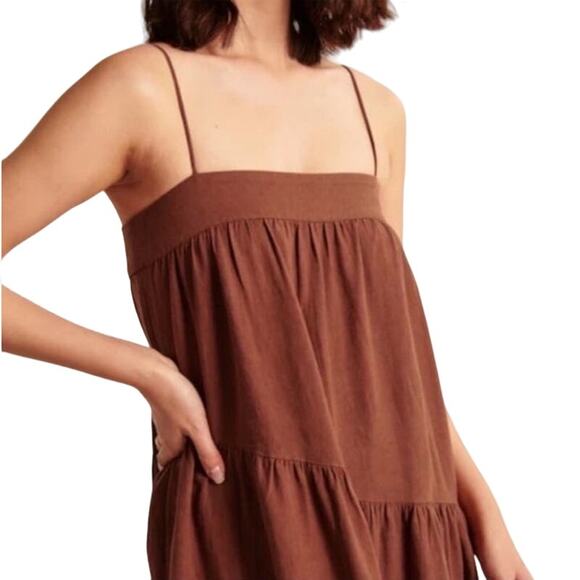 Abercrombie Asymmetrical Linen Blend Tiered Maxi Dress in Orange Size LP - Picture 6 of 12